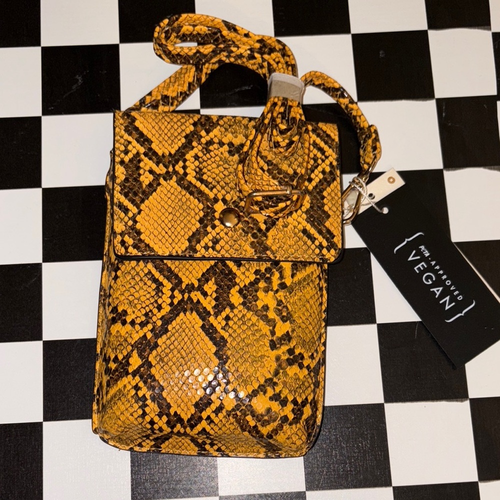 Yellow and Brown Crossbody Bag with Snakeskin Pattern